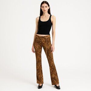 Sense Vintage Brown Paisley Faux Suede Boho Retro Y2K Mid Rise Flare Pants M